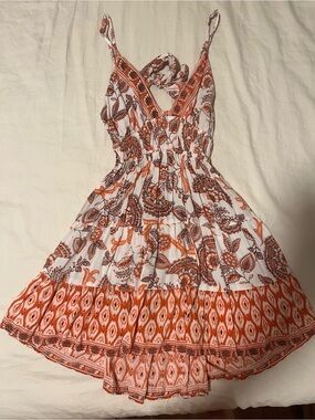 Angie White and Orange Printed Tiered Mini Dress